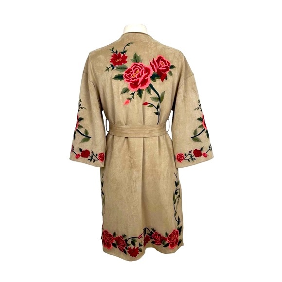 Zara Basic Faux Suede Camel Kimono Duster w/Rose Embroidery Sz XS - Picture 4 of 14